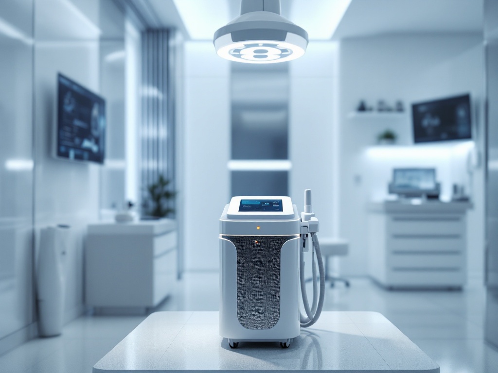 A modern dermatology laser platform in a clean clinical treatment room
