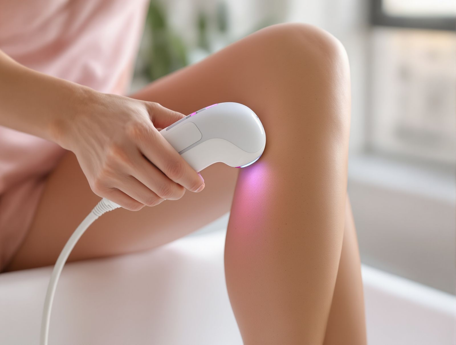 A person holding a handheld at-home IPL hair-removal device against the skin of a lower leg in a bright bathroom