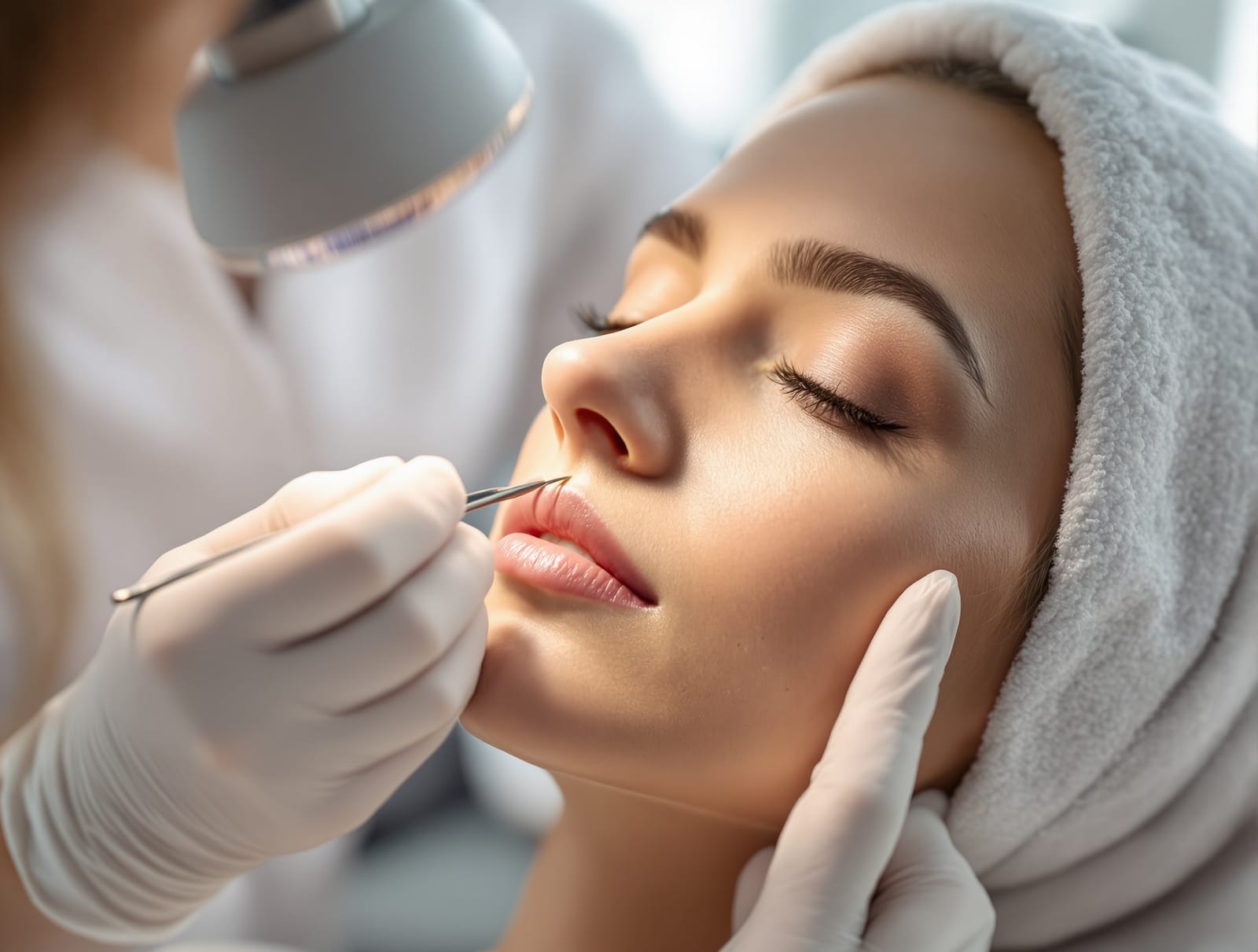 A gloved electrologist guiding a fine needle probe toward a follicle on a client's jawline under a magnifying lamp in a bright treatment room