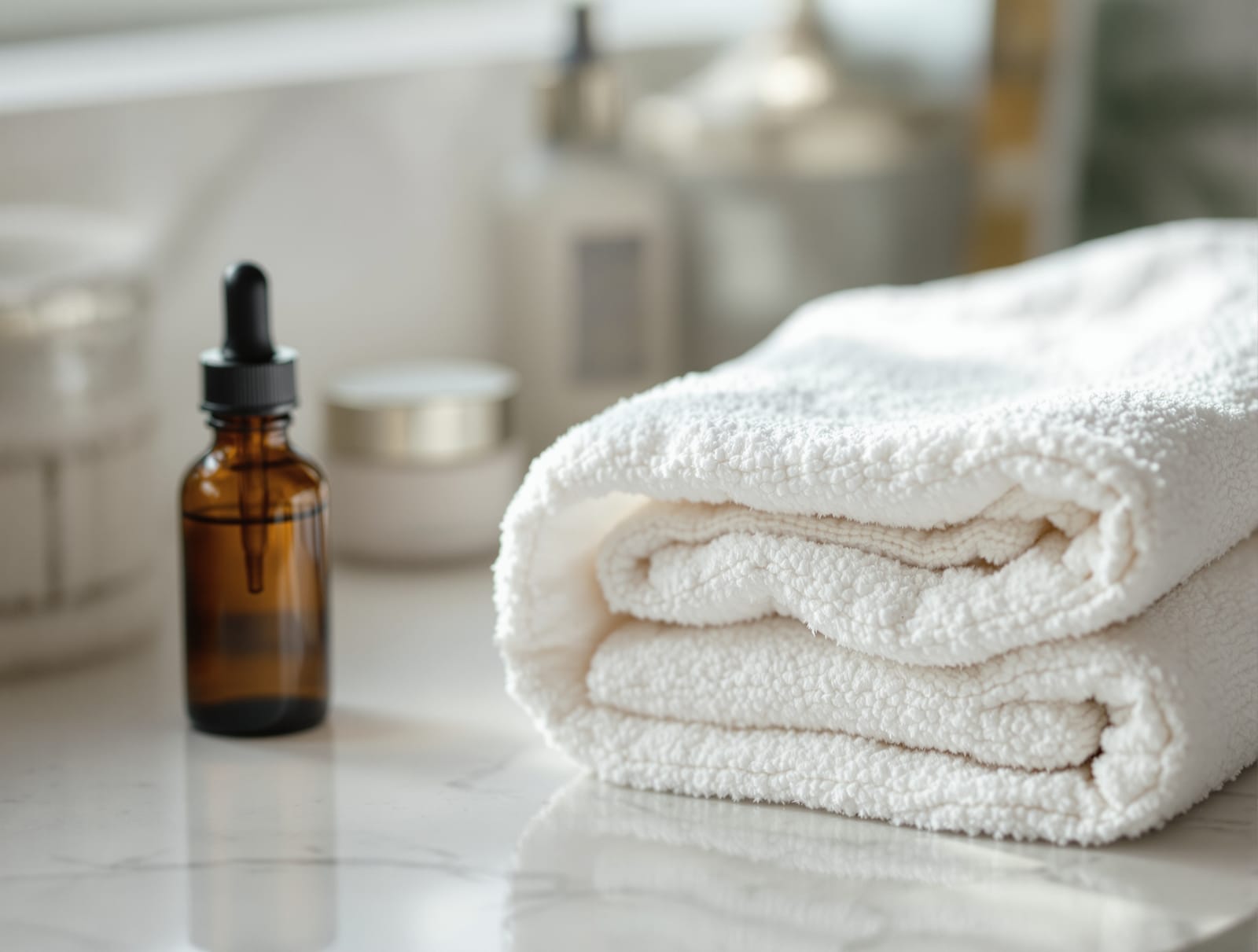 A warm damp washcloth and a few simple bathroom-shelf items beside skin, a calm home care setup for an ingrown hair