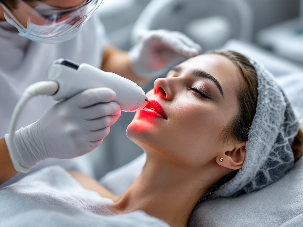 A clinician guiding a laser hair-reduction handpiece across a patient's skin