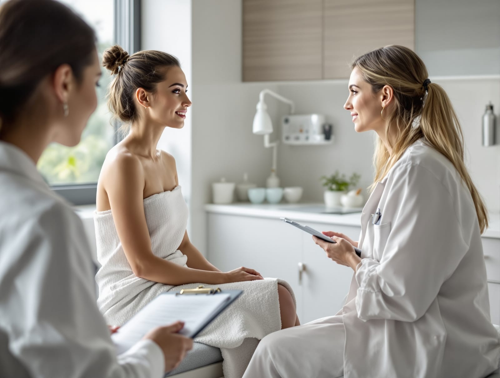 A person seated on an exam table in a bright dermatology office speaking with a clinician who is taking notes on a clipboard