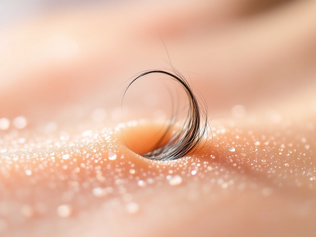 Extreme close-up of a single curled hair re-entering the surface of the skin
